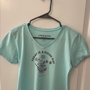 Life Is Good Aqua Floral Graphic Tee/Cotton/V Neck